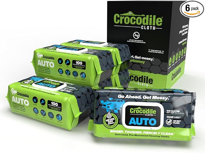 Crocodile Cloth Auto Cleaning Wipes – 600 Count (6 Packs of 100) XL 15" x 10" Heavy-Duty Car Wipes for Engine Degreaser, Detailing, Tires, Tools & DIY Projects