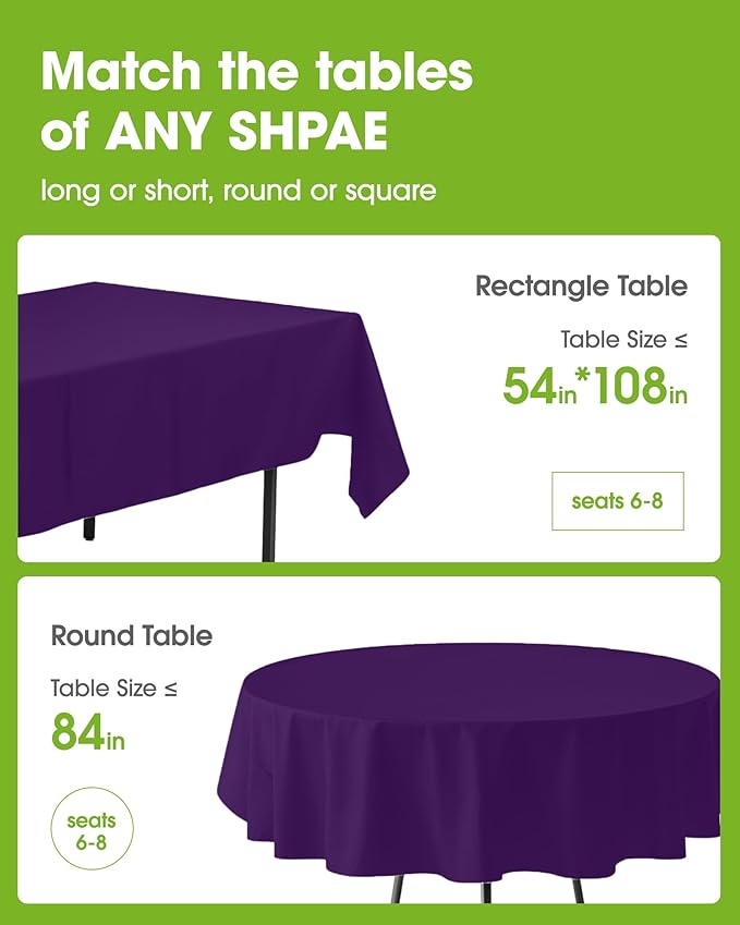 Pureegg Plastic Table Cloth Disposable 20 Pack, 84'' Round Table Cloths, Graduation Decorations Class of 2025, Graduation Party Tablecloths, Round, Plastic Cover, Leakproof & Sturdy, Purple