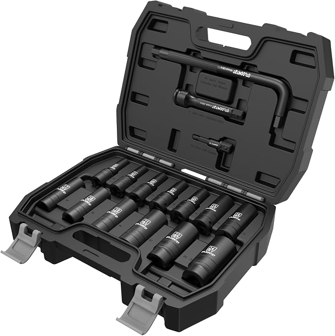 OTLOOMTBT 16PCS 1/2 In Drive Thicker Impact Socket Set, High Durability Industrial Grade Deep Metric Sizes Sockets Sets, with L Handle 5 In Extension Bars & Drill Socket Adapter with Premium Organizer