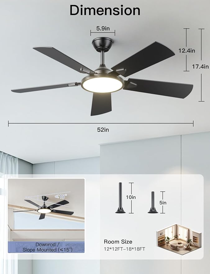OJX Ceiling Fans with Lights, 52 inch Ceiling fan with Light and Remote/APP Control, 3CCT, Quiet DC Reversible, Dimmable, Modern Ceiling Fan for Bedroom, Living Room, Kitchen, Indoor/Outdoor Use