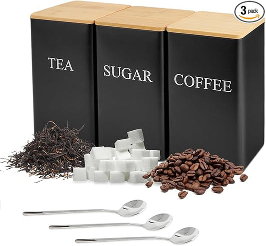 3 Pcs Tea Coffee Sugar Canisters, Black Metal Canister Storage Jar Container Set, Food Storage With 3 Spoons, Rust Resistant Powder Coated Iron Caddies for Kitchen Worktop Organizer (Black)