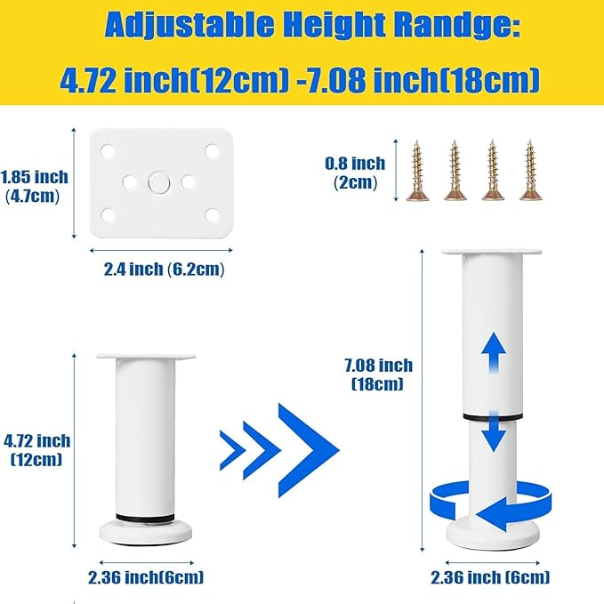 6 PCS Adjustable Furniture Couch Cabinet Legs 4.72-7.48 Inch, Heavy Duty Adjustable Height Replacement Legs for Dresser/Sofa/Bed/Chair, Legs for Furniture Set of 6 (White)