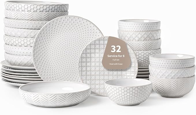 FOBENTA 32-Piece Luxury Dinnerware Set,Complete Plates and Bowls Set for 8,Upscale Ceramic Dish Set for Hosting, Holidays & Family Gatherings–Microwave & Dishwasher Safe