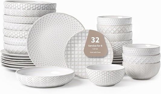 FOBENTA 32-Piece Luxury Dinnerware Set,Complete Plates and Bowls Set for 8,Upscale Ceramic Dish Set for Hosting, Holidays & Family Gatherings–Microwave & Dishwasher Safe