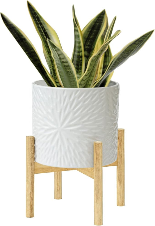 LA Jolie Muse Large Ceramic Planter with Stand Included,10 Inch Unique Modern White Plants Pot,Mid Century Indoor Planter with Wood Planter Holder with Drainage