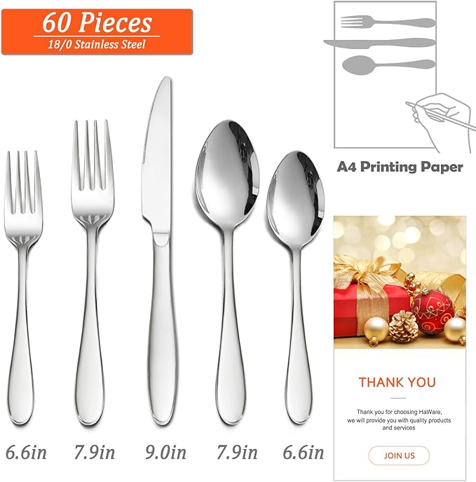 HaWare 60-Piece Silverware Set for 12, Stainless Steel Flatware Cutlery Tableware for Home, Modern Ergonomic Eating Utesils, Mirror Polished, Dishwasher Safe