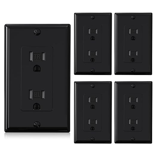 ELEGRP Decorator Wall Receptacle Outlet, Tamper Resistant 15 Amp Standard Electrical Wall Outlet, Residential Grade, Self-grounding, 125V, Wall Plate Included, UL Listed, Glossy Black, 5 Pack