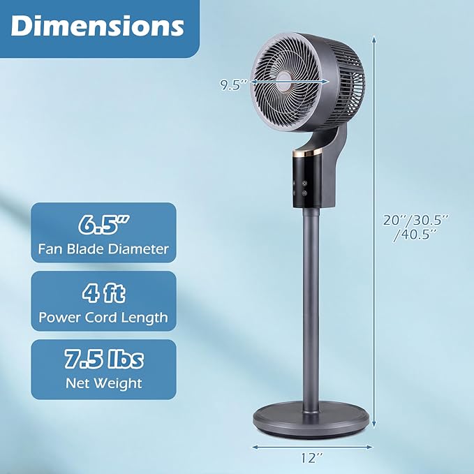 COSTWAY Pedestal Fan for Bedroom, Compact Oscillating Standing Fan with 70° Oscillation, 90° Tilt, 3 Adjustable Heights, 8 Speeds, 12H Timer & Remote, Quiet Table Fan for Home Office (Gray)