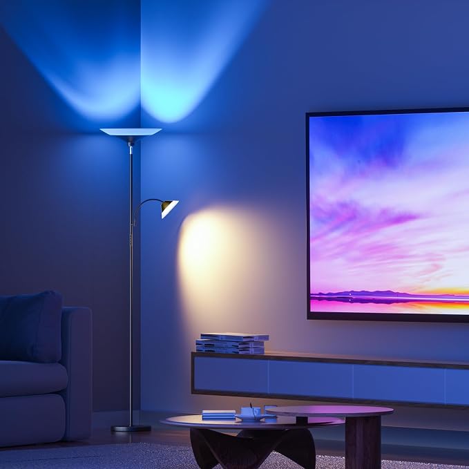 SIBRILLE RGB Torchiere Floor Lamp - 2 Way Dimmable LED Standing Lamp with Remote&Button Control, 34W Rotatable Floor Reading Light, 72'' Tall Modern Corner Lamp for Living Room Bedroom Office, Black