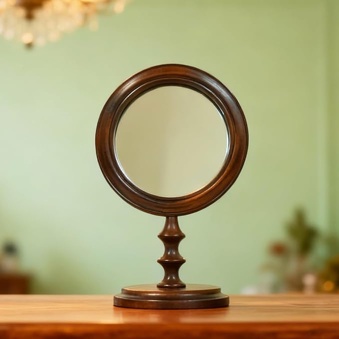 Vintage Makeup Mirror for Tabletop, 100% Solid Wood Frame Table Vanity Mirror with Stand for Vanity Table, Desk Mirror for Bedroom Living Room Retro Decor