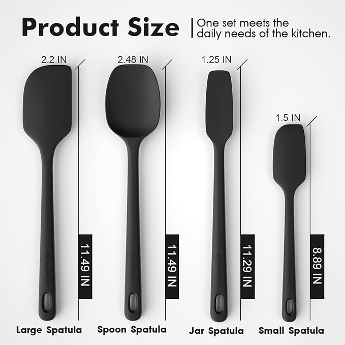 ChefAide 4 Pieces Silicone Spatula Set, Food Grade Rubber Spatula, Upgrade Strong Handle with Ergonomic Grip, Heat Resistant Up to 600°F for Nonstick Cookware, Cooking Baking Mixing