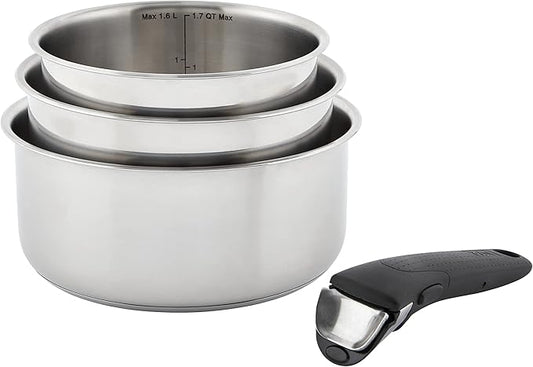 T-fal Ingenio Expertise Stainless Steel Cookware Set 4 Piece, Induction, Oven Safe, Stackable Cookware, Pots and Pans, RV, Camping, Frying Pans, Dishwasher Safe, Detachable/Removable Handle, Silver