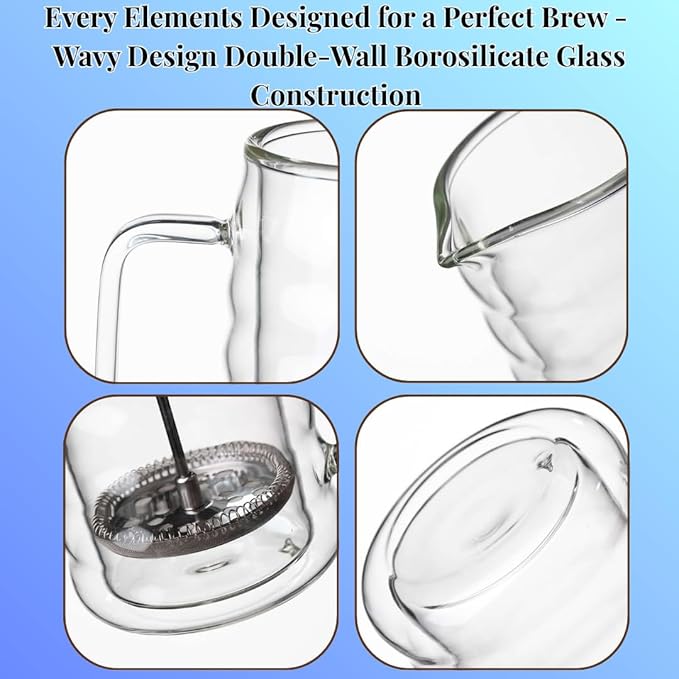Glass French Press Coffee Maker, Double-Wall Borosilicate Glass Coffee Press with Stainless Steel Mesh Filter, Manual Coffee Brewer & Tea Press, Wavy-Design French Press 22oz (Serves 4–5 Cups)