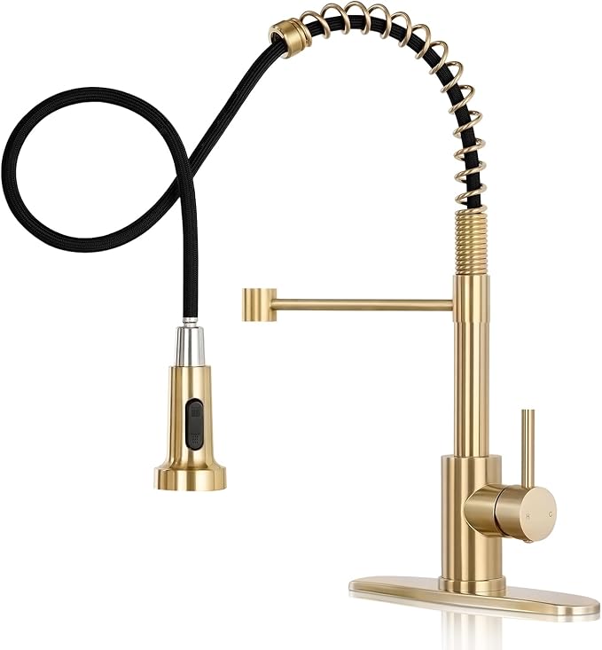 DJS Kitchen Faucets with Pull Down Sprayer Brushed Gold -Single Handle 1 or 3 Holes Spring Kitchen Sink Faucet with Deck Plate for Farmhouse RV Vessel Basin