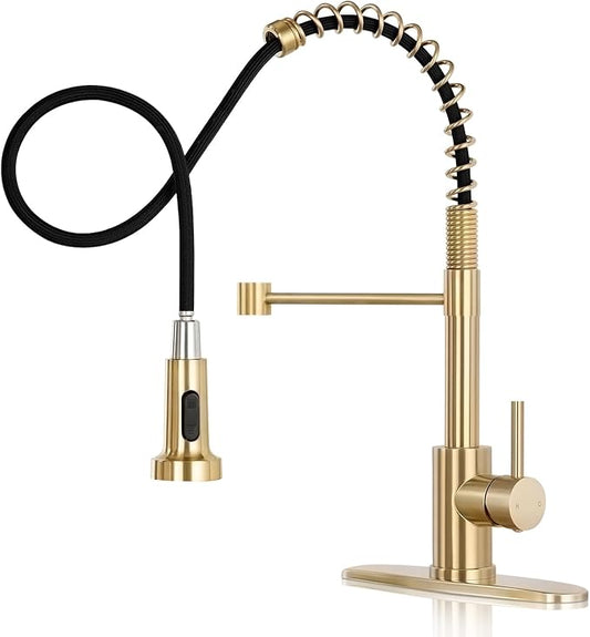 DJS Kitchen Faucets with Pull Down Sprayer Brushed Gold -Single Handle 1 or 3 Holes Spring Kitchen Sink Faucet with Deck Plate for Farmhouse RV Vessel Basin