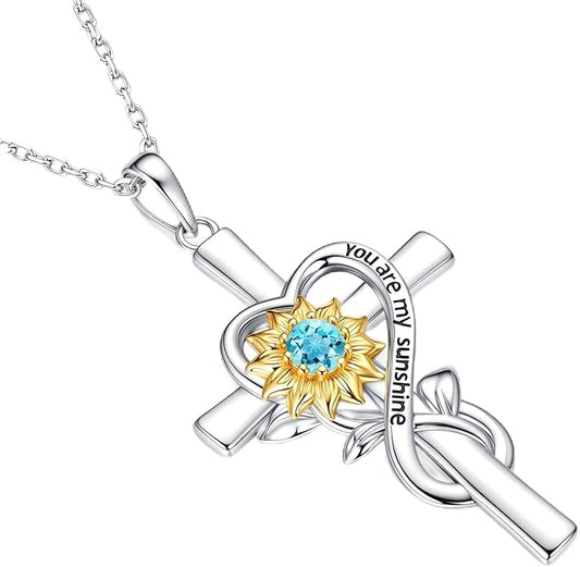 Iefil Mothers Day Gifts for Wife Mom - Sunflower Cross Necklace, 925 Sterling Silver Birthstone Necklace for Women Wife Mom