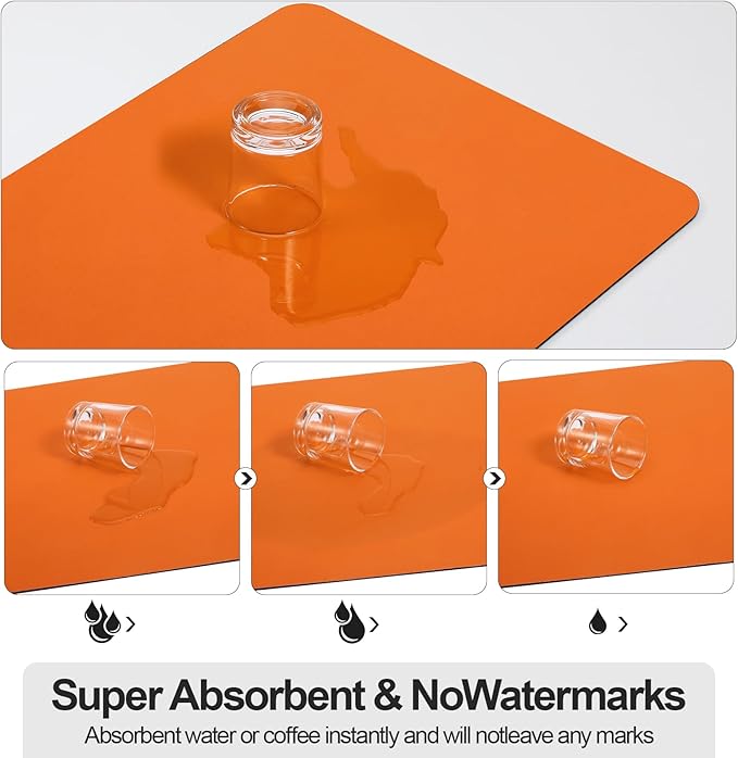 Ecotrim Absorbent Coffee Mat , Stain Hiding PU Leather Surface, Non-Slip Natural Rubber Backing, Quick Dry Mat for Espresso Machine, Kitchen Counter ,Orange | 16" x 24"