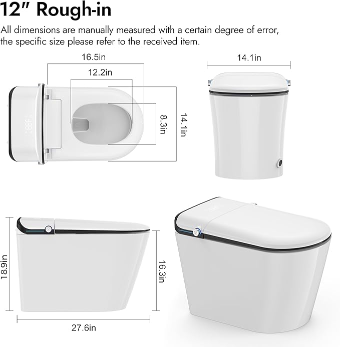 Elongated Smart Toilet with Bidet, Tankless Toilet with Auto Powerful Flush,Auto Open/Close, One Piece Toilet with Heated Seat, Warm Wash & Dryer, Built-in Aroma System,Japanese Toilets
