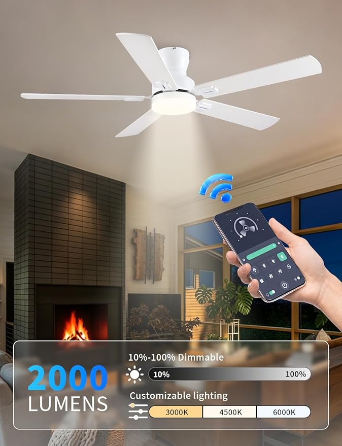 Ceiling Fans with Lights, 52 inch Low Profile Ceiling Fan with Light and Remote/APP Control, Modern Flush Mount Ceiling Fan for Indoor Bedroom Living Room, Dimmable, Qiuet DC Motor, White