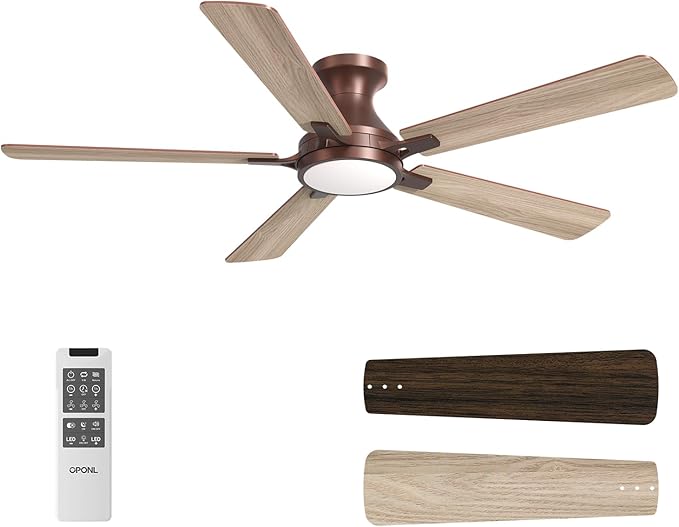OPONL 52 Inch Brown Ceiling Fan with Light, Remote Control, Low Profile, Noiseless, Reversible, Dimmable, Timeable, Metal Housing, Flush Mount Ceiling Fans with Lights for Bedroom, Indoor/Outdoor Use