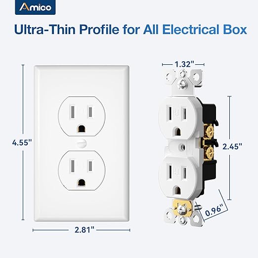 Amico 15 Amp Duplex Outlet, Tamper Resistant Electrical Receptacle, Heavy-Duty 2-Pole 3-Wire NEMA 5-15R with Self-Grounding Clip, UL Listed, White, 50 Pack