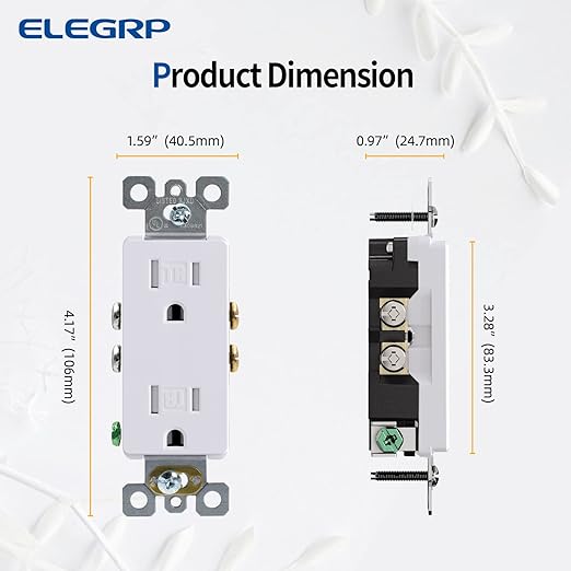 ELEGRP Decorator Wall Receptacle Outlet, Tamper Resistant 15 Amp Standard Electrical Wall Outlet, Residential Grade, Self-grounding, 125V, 2 Pole 3 Wire, 5-15R, UL Listed, Glossy White, 50 Pack