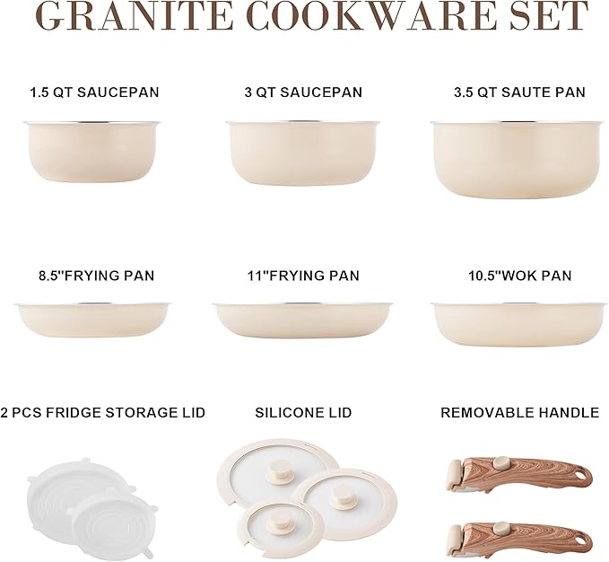 Nonstick Cookware Set - YIIFEEO Stackable Pots and Pans Set Detachable Handle Camping Cookware Granite Kitchen Cookware Sets Removable Handle, Non Toxic Nonstick Frying Pans for Cooking Set Gift Beige