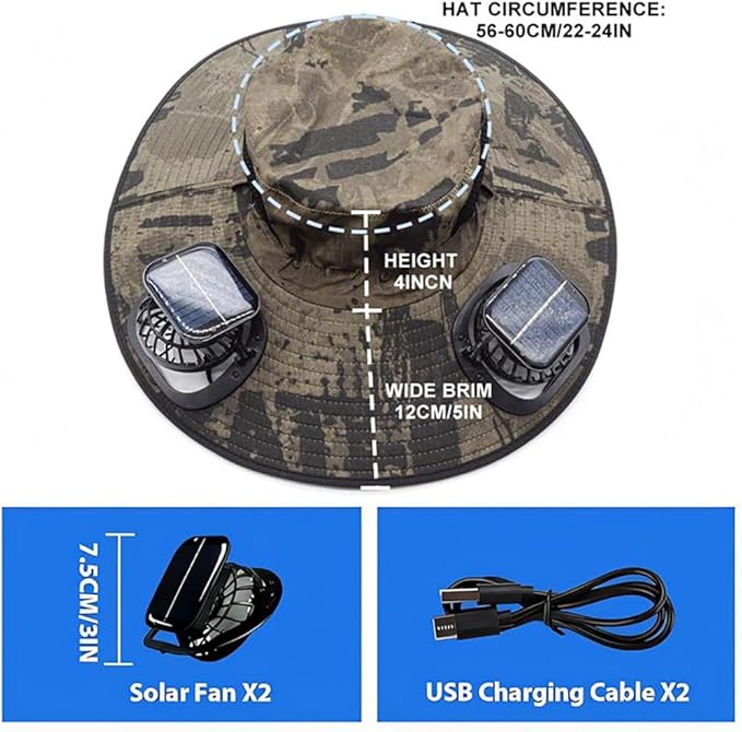 Wide Brim Solar Fan Hat, Hat with Solar Fans Built in, Large Fishing Hat with Fans for Men, for Outdoor Hiking Camping Fishing Garden, UPF 50+ Sun Breathable,Dark Gray Camouflage