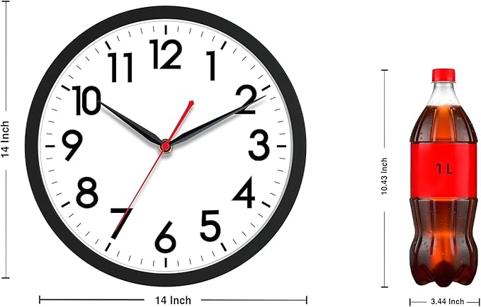 AKCISOT 14 Inch Wall Clock, Battery Operated Analog Clock, Silent Non-Ticking, Ideal for Bedroom, Bathroom, Kitchen, Office and School, Black