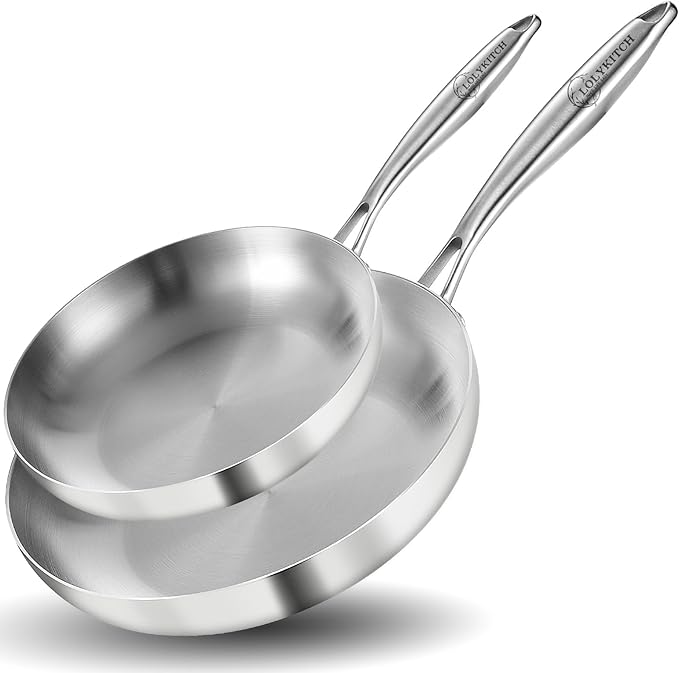 LOLYKITCH 10-12 Inch Tri-Ply Stainless Steel Frying Pan Set– Professional Skillet Fast & Even Heating, Induction & Oven Safe Cookware for Modern Home Kitchens, Detachable Handle