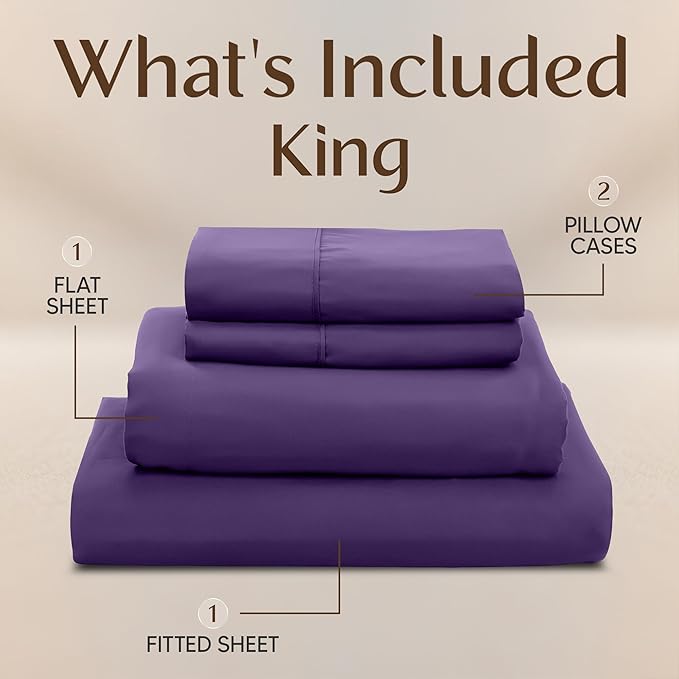 Utopia Bedding King Size Sheet Set – 4 Piece Bed Sheets, Soft and Breathable Microfiber, Includes 1 Fitted Sheet, 1 Flat Sheet and 2 Pillowcases – Oeko Tex (Eggplant)