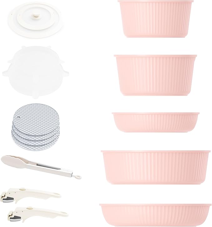 Caannasweis Detachable Nonstick Cookware Set - Stackable Induction Pots and Pans With Removable Handles, Dishwasher Safe - For RV Camping, Oven and Stovetop Use, 5 Pieces (Petal)