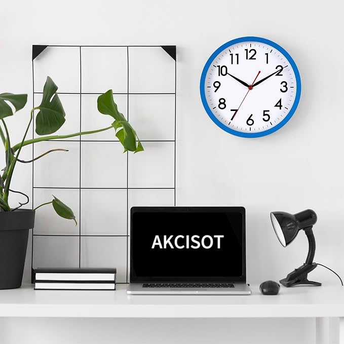 AKCISOT 10 Inch Wall Clock, Battery Operated Analog Clock, Silent Non-Ticking, Ideal for Bedroom, Bathroom, Kitchen, Office and School, Blue