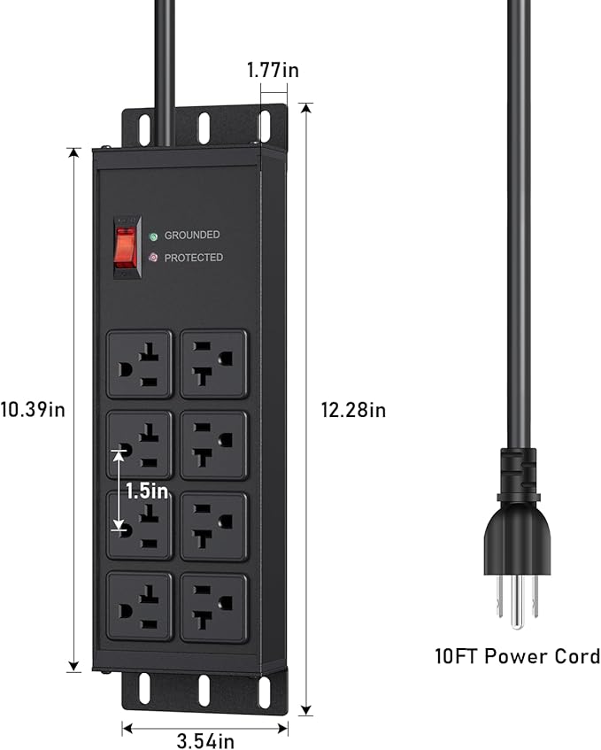 JUNNUJ Heavy Duty Surge Protector Power Strip 4800J, Garage Metal 8 Outlets 20 Amp 12 Gauge, High Amp 5-15P Adapter Shop 6-20R T-Slot Industrial Outlet, 10 FT Extension Cord Commercial for Appliance