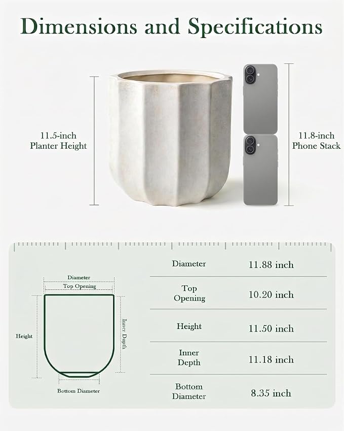 12 Inch Plant Pot – Ceramic Planter with Drainage Hole & Removable Drain Plug, Decorative Flower Pot for Indoor Outdoor Plants, Modern Round Large Planter, Cream White