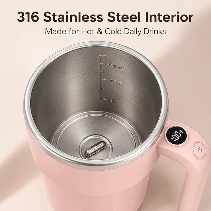 Self Stirring Coffee Mug, 12oz Rechargeable Magnetic Mixing Cup with Temperature Display, 316 Stainless Steel Electric Stirring Cup with Lid & Handle for Coffee, Cocoa, Matcha, Creamer, Mushroom Coffe