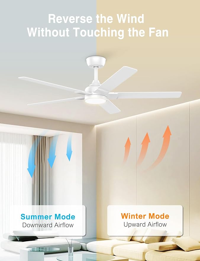 DAMINY 52 inch White Ceiling Fans with Lights,5 Blades,6CCT, Low Profile,Remote Control,for Bedroom, Kitchen,Living Room,Indoor/Outdoor Use,Downrod