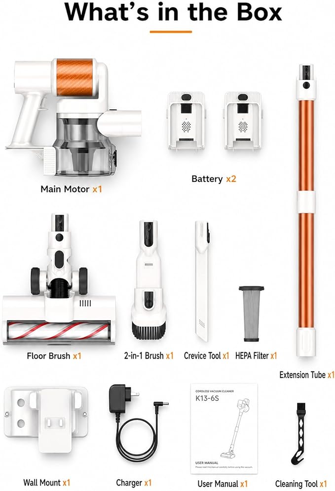 Cordless Vacuum Cleaner, 2 Batteries 110 Minutes Runtime, 600W 50KPA Stick Vacuum with Self-Standing, Tangle-Free Brush, LED Display, Vacuum Cleaner for Home Hardwood Floor, Carpet, Pet Hair