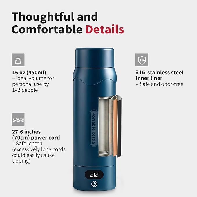 Insulated Stainless Steel Travel Electric Kettle Small, Smart Water Bottle with 4 temperature control, Leak-Proof, Mini Travel Essentials Portable Office Gifts for Tea Lovers, Dark Blue
