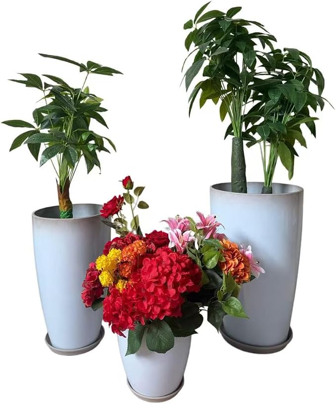 24,21,11 Inch Large Plastic Planters with Drainage Hole and Saucer - Set of 3 Tall Plant Pots Indoor Flower Pot Tall Round Planters Outdoor Large Tall Planter