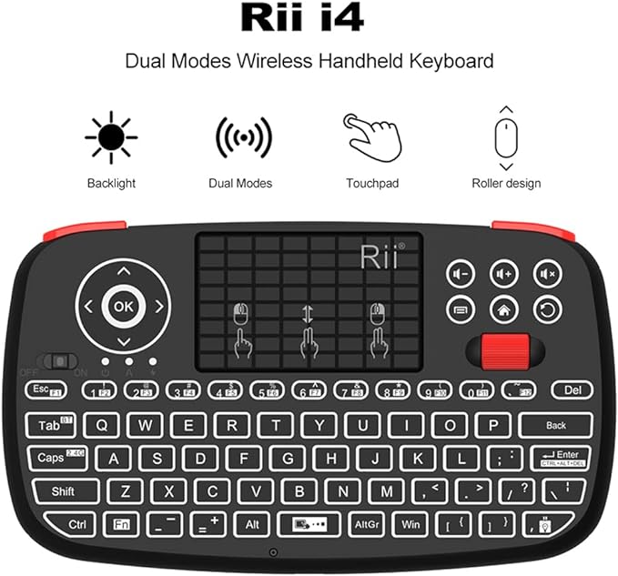(Upgrade) Rii i4 Mini Bluetooth Keyboard with Touchpad, Blacklit Portable Wireless Keyboard with 2.4G USB Dongle for Smartphones, PC, Tablet, Laptop TV Box iOS Android Windows Mac.Black