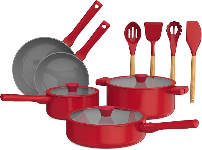 So Yummy by bella 12 Piece Cookware Set w EverGood™ Ceramic Nonstick Coating and Silicone & Wood Utensils, Dishwasher Safe Silicone & Glass Lids, Oven Safe & All Stovetop Compatible, Red