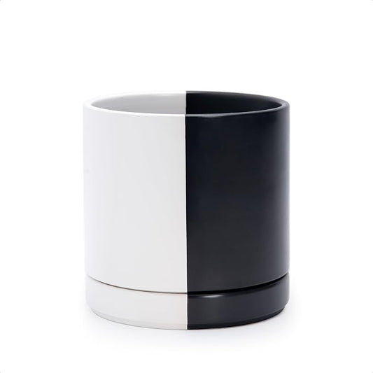 D'vine Dev 6.5 Inch Ceramic Planter Pot, Black White Split, 94-O-C-0 | Modern Cylinder Design, Drainage Hole & Saucer Included, Stable Structure, Elegant Home Accent