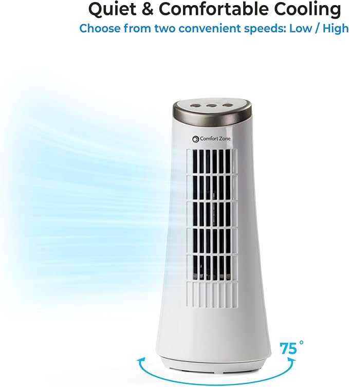 Comfort Zone 12-Inch Oscillating Desktop Tower Fan – Ultra-Slim Bladeless Design with 2 Speeds, Electronic Touch Controls & Carry Handle – Quiet Portable Personal Fan for Bedroom, Dorm, or Office
