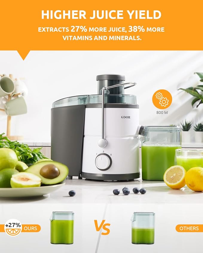 GDOR 800W Juicer Machine, 3” Wide Feed Chute, Dual-Speed Centrifugal Juicer for Fruits & Vegetables, Anti-Drip Function, BPA-Free, Easy to Clean with Brush, White