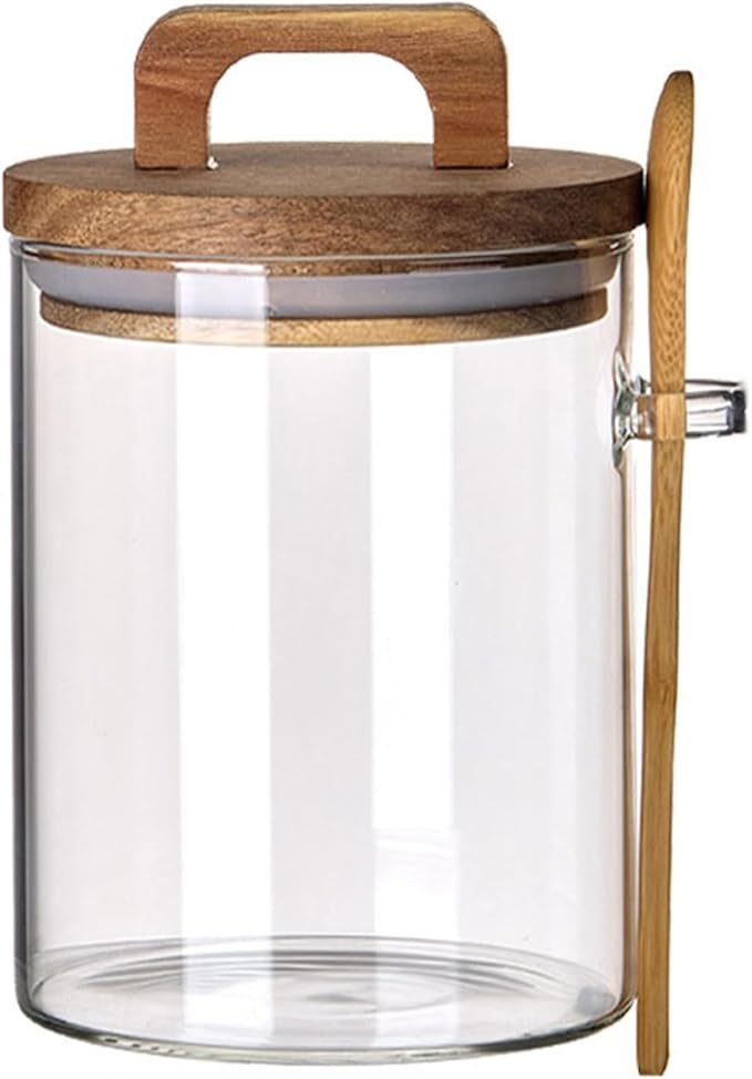 Coriario 32 OZ Glass Jar with Airtight Lid Spoon Clear Glass Storage Jars Wooden Lids Wide Mouth Glass Coffee Canister for Food Kitchen Candy Sugar Cookie Tea Decorative