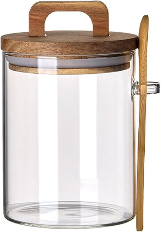 Coriario 32 OZ Glass Jar with Airtight Lid Spoon Clear Glass Storage Jars Wooden Lids Wide Mouth Glass Coffee Canister for Food Kitchen Candy Sugar Cookie Tea Decorative