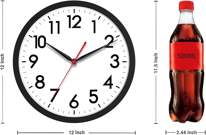 AKCISOT 12 Inch Wall Clock, Battery Operated Analog Clock, Silent Non-Ticking, Ideal for Bedroom, Bathroom, Kitchen, Office and School, Black