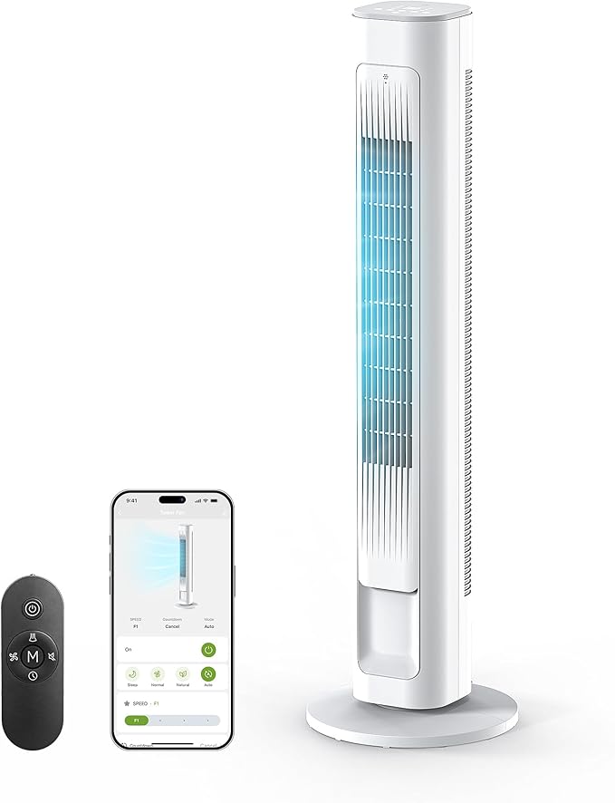 MORENTO Tower Fan for Bedroom, 2026 Upgraded 90° Oscillating 43" Standing Fan with 4 Speeds, 4 Modes, 25ft/s Velocity Bladeless Fan with APP/Voice/Remote/Touch Control, 28dB, 12H Timer, White 1Pack