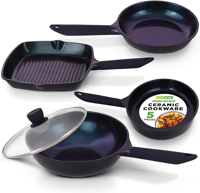 NutriChef NonStick Frying Pans – 5-Piece Skillet Set with Ceramic Coating, Wok, Grill, Fry & Fish Pans – Compatible with All Cooktops, Including Induction – Cool-Touch Handles, Easy-Clean